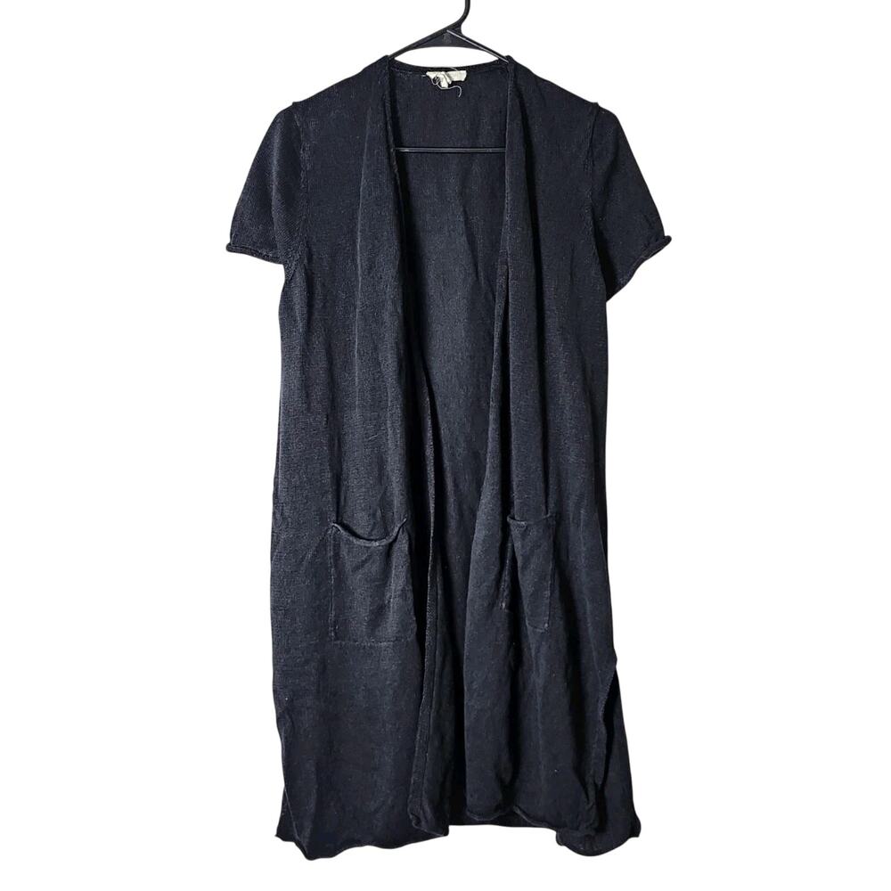 Eileen Fisher Cardigan Sweater Size Large Black Organic Linen‎ Knit Short Sleeve